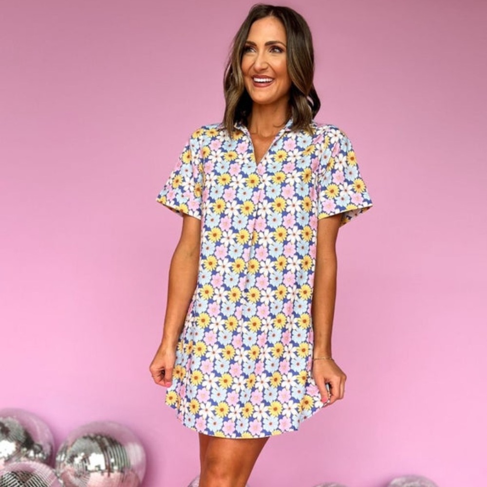 Shop Style Your Senses blue floral print collared poplin dress